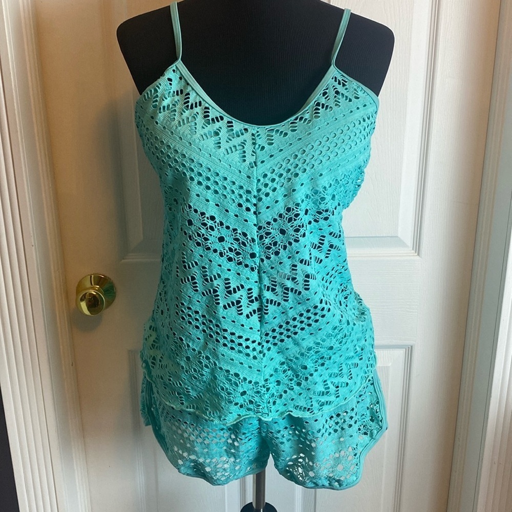 Turquoise Aqua Blue 2 Piece Eyelet Swimsuit Tankini Top Shorts sz L NWOT